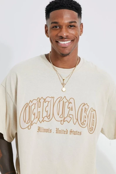 Unisex Bej Chicago States Baskılı Bisiklet Yaka Oversize T-shirt - 2