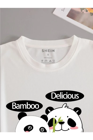 Unisex Beyaz Bamboo Panda Baskılı Oversize Bisiklet Yaka T-Shirt - 2