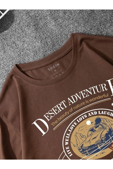Unisex Kahve Desert Adventure Baskılı Oversize T-shirt - 2