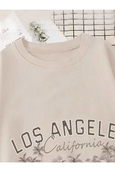 Unisex Bej Los Angeles Baskılı Oversize T-shirt - 2