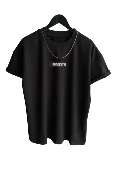 Unisex Siyah Brooklyn Baskılı T-shirt