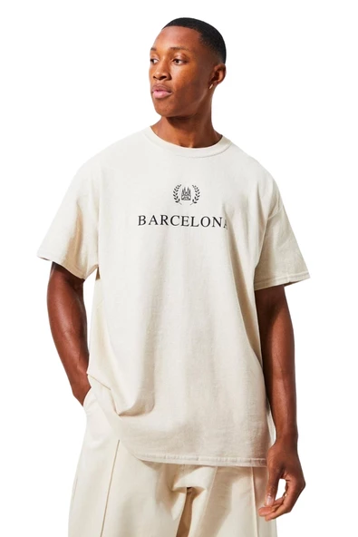 Unisex Bej Barcelona Baskılı Oversize Tshirt
