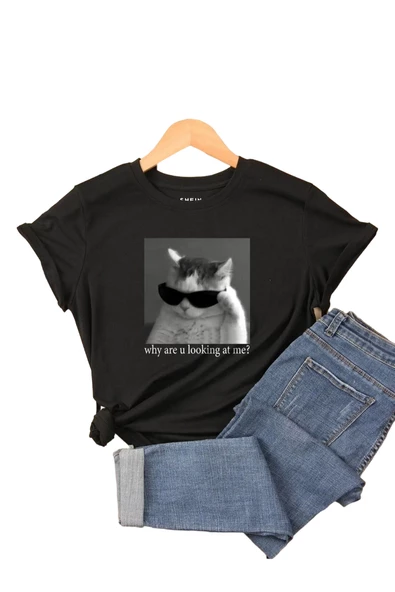Unisex Kedi Gözlük Baskılı Oversize T-shirt - Resim 2