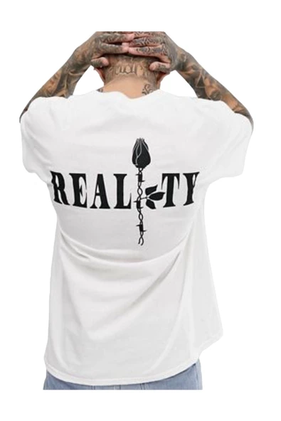 Unisex Beyaz Reality Baskılı Oversize Tshirt ürün görseli 1