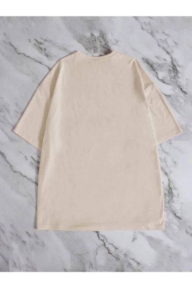 Unisex Bej Los Angeles Baskılı Oversize T-shirt - 3