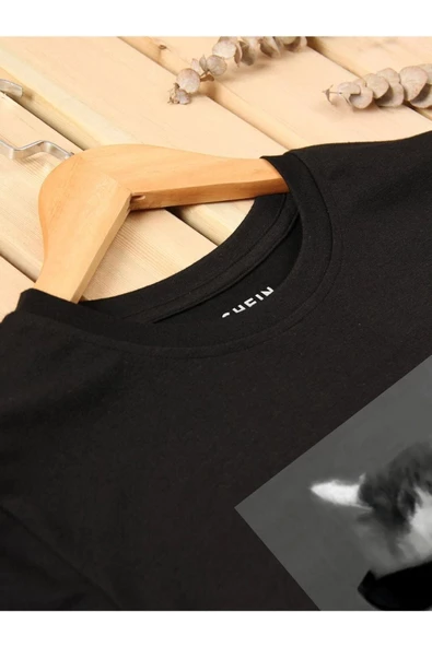 Unisex Kedi Gözlük Baskılı Oversize T-shirt - Resim 7