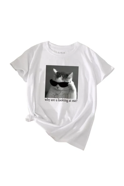 Unisex Kedi Gözlük Baskılı Oversize T-shirt