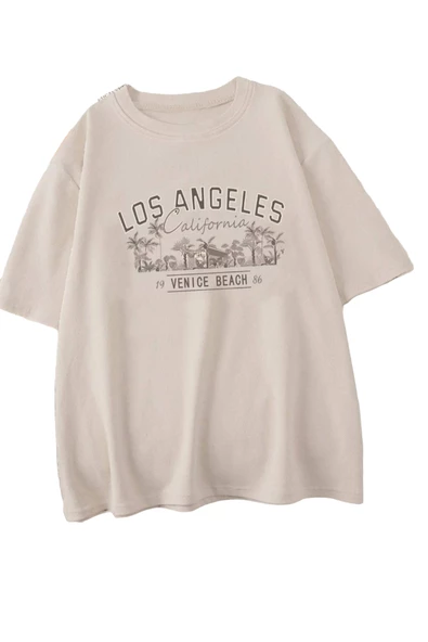 Unisex Bej Los Angeles Baskılı Oversize T-shirt