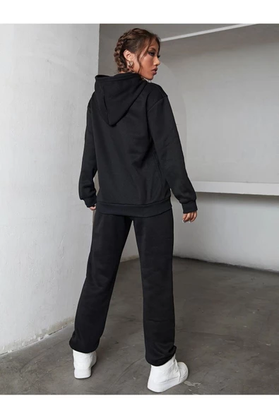 Kadın Siyah Mıchıgan Baskılı Oversize Kapüşonlu Takım - 8