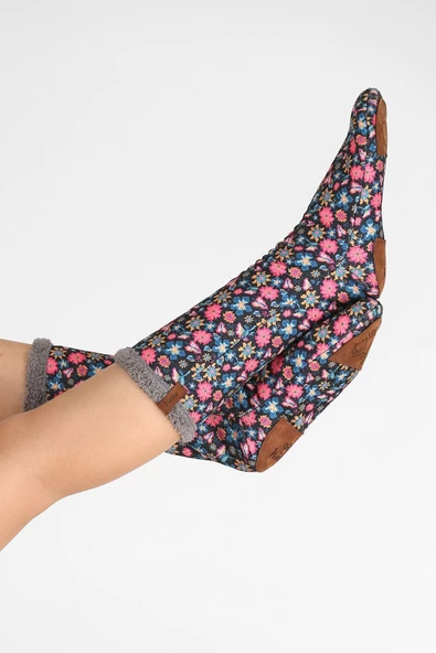Kadın Renkli Desenli Kışlık Çorap Kaydırmaz Patik Crp-047 Flower Gri Wellsoft - 2
