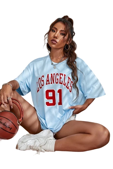 Unisex Los Angeles 91 Baskılı Oversize T-shirt