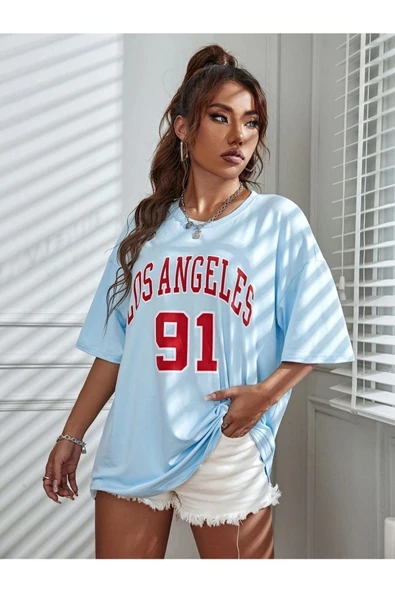 Unisex Los Angeles 91 Baskılı Oversize T-shirt - 4