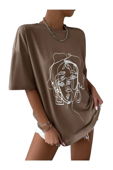 Unisex Yüz Baskılı Oversize Tshirt - 3