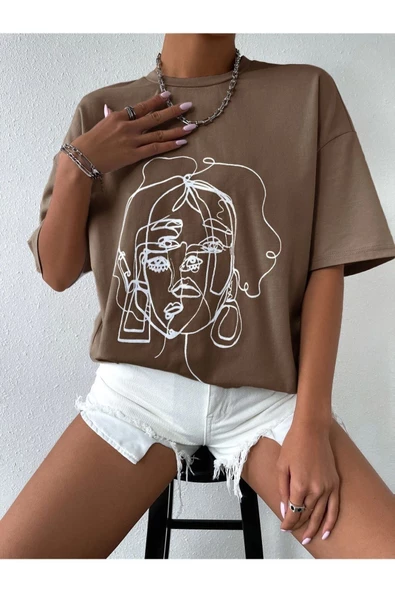 Unisex Yüz Baskılı Oversize Tshirt - 7