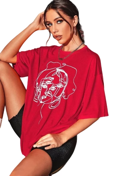Unisex Yüz Baskılı Oversize Tshirt - 4