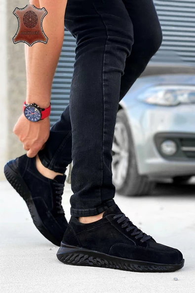 Big King Siyah Siyah Süet Hakiki Deri Erkek Spor Ayakkabı - Resim 2