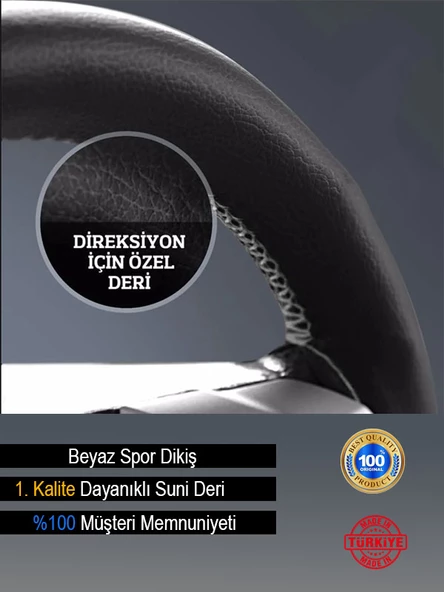 Nissan Almera ÖZEL süper deri Direksiyon Kılıfı, Dikmeli Beyaz Spor Dikiş