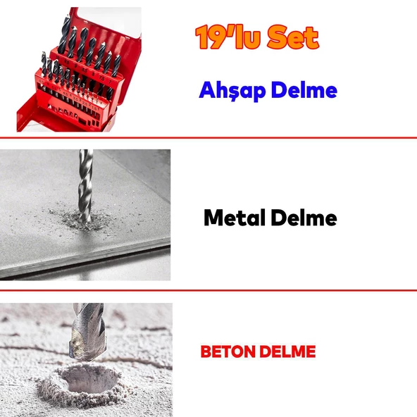 Matkap Ucu Set 19'lu Paket Metal Alüminyum Ahşap Plastik Çelik Delme Uç Seti Delik Açma Uçları - 2