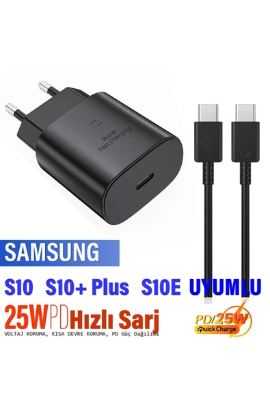 Samsung S10 S10E S10+ Plus Uyumlu Şarj Aleti ve Kablosu 25W HIZLI Şarj Type C Kablo - 1