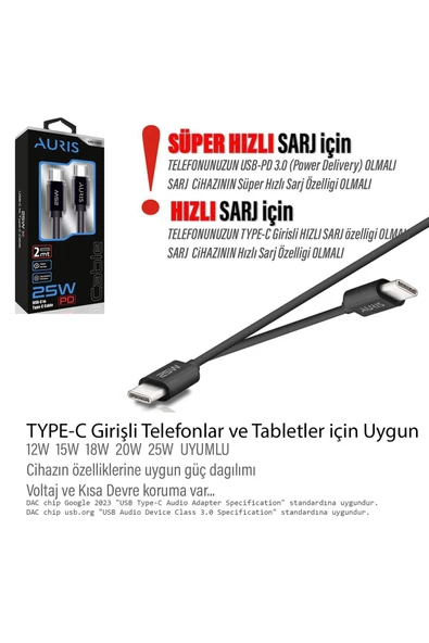 2 metre Type-C Uzun Hızlı Şarj Kablosu Type-C den Type-C ye Samsung A53 A54 A55 A72 A73 Uyumlu - 3