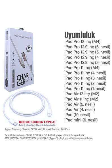 Tablet iPad Pro 12.9inç 3. 4. 5. 6. Nesil Uyumlu Şarj Kablosu Type-C 60W - 4