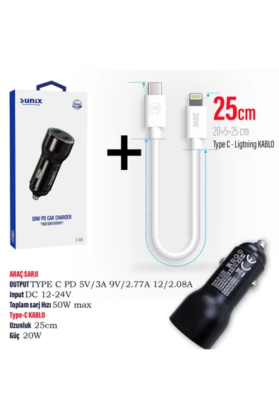 Hızlı Araç Şarj Aleti iPhone 11 12 13 14 Telefonlar İçin Hızlı Araba Şarjı Cihazı ve 25cm Kablo - 2
