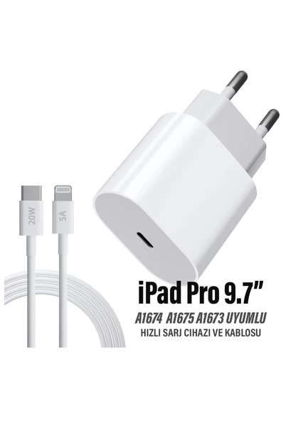 iPad Pro 9.7 Uyumlu Şarj Aleti Adaptörü 20W Ligtning Şarj Kablosu A1674  A1675 A1673