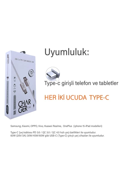 Samsung M15 M23 M33 M34 M51 Hızlı Şarj Kablosu 1m 60W HIZLI Type-C den Type-C ye - 4