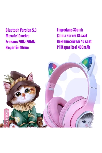 Kedi Kulaklık Bluetooh Kablosuz Kız ve Erkek Çocuklar İçin Hediye Önerisi Renkli Kedi Kulaklıklar - Resim 5