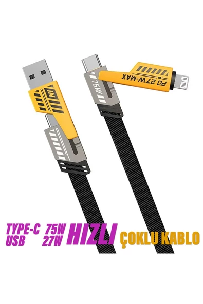 Çoklu Şarj Kablosu USB Type-C iPhone iPad Lightning 4 in 1 Şarj ve Data Kablosu