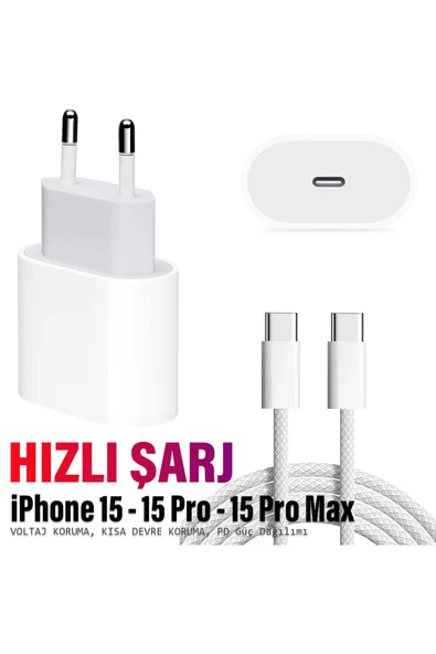 Iphone 15-15 PRO-15 PRO Max Uyumlu Şarj Aleti Set HIZLI Adaptör ve Type-C Kablosu