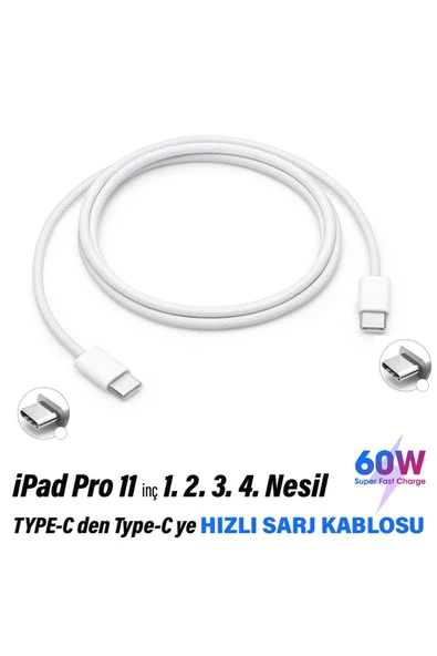 Tablet iPad Pro 11 inç 1. 2. 3. 4. Nesil Uyumlu Şarj Kablosu Type-C 60W