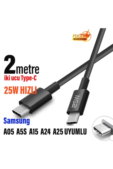 Samsung A05 A5S A15 A24 A25  Hızlı Şarj Kablosu Type-C den Type-C ye 2 metre Uzun Şarj Kablosu