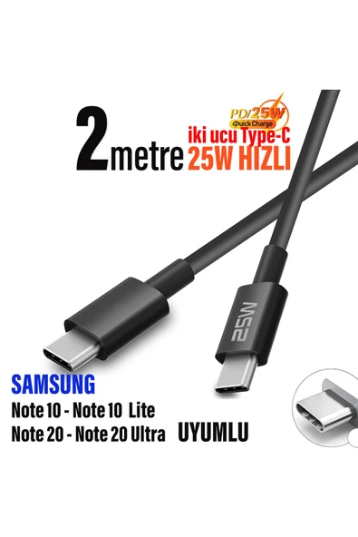 Samsung Note 10 Note 20 Uyumlu 25W HIZLI Type C Şarj Kablosu Uzun 2 metre