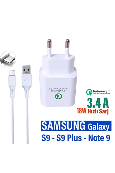 Samsung Galaxy S9 S9+ Plus Note 9 Uyumlu Şarj Cihazı ve Kablosu 3.4A 18W Hızlı Şarj