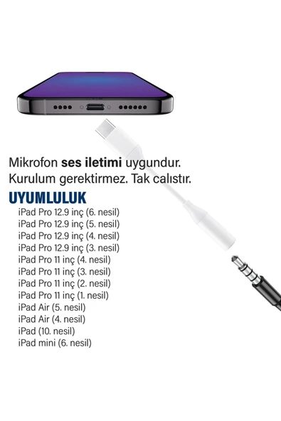 TYPE-C AUX iPad Air 4 - 5 nesil UYUMLU Kulaklık Dönüştürücü Type-C Çevirici Aparat - 2