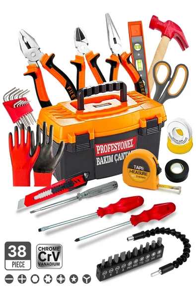 Premium 38 Pcs Full Takım Kargaburun,Pense,3 Metre,Çekiç,Yıldız,Düz,Tornavida,Eldiven Tamir Set - Resim 2