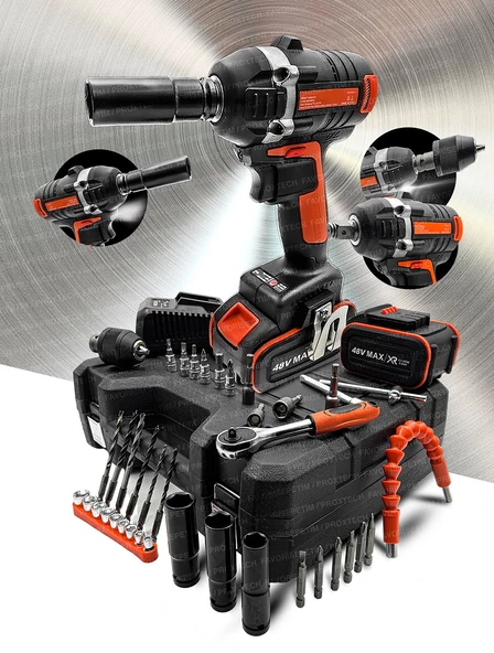 Yüksek Torks 2çift Akülü Kömürsüz Motor Akülü Vidalama Darbeli Somun Sıkma Sökme Combo Cırcır SetSet - Resim 2