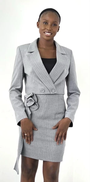Trend Kadın Blazer Detaylı Crop Ceket Etek Takım Elbise - 3