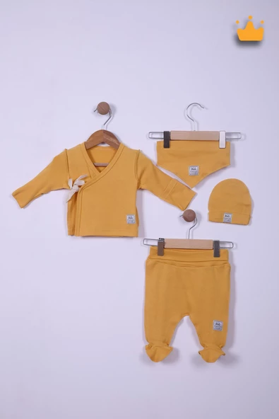 Babyhola Prematüre Serisi 45cm Hastane Çıkışı Kruvaze Üst Patikli Alt Önlük Bere %100 Pamuk 4'lü Takım 22415 - 4