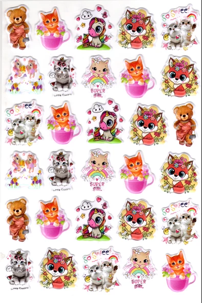 Sticker Kabartmalı A4 Boyutunda Stiker Defter, Planlayıcı Etiket-(lim526) - Süslü Hayvanlar