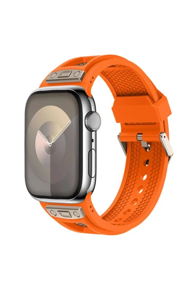 TechnoGuru Apple Watch 44mm KRD-117 Uyumlu Hava Alabilen Delikli Metal Süslemeli Desenli Silikon Kordon