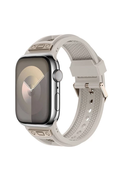 TechnoGuru Apple Watch 44mm Uyumlu KRD-117 Hava Alabilen Delikli Metal Süslemeli Desenli Silikon Kordon