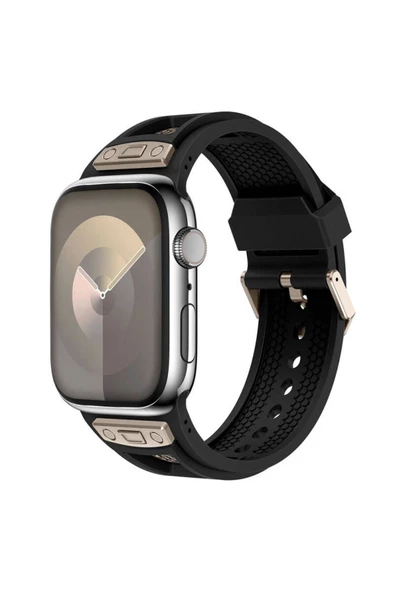 TechnoGuru Apple Watch 7 45mm KRD-117 Hava Alabilen Delikli Metal Süslemeli Desenli Silikon Kordon