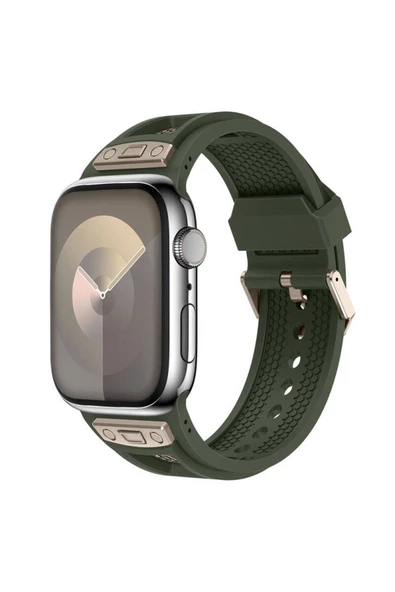 TechnoGuru Apple Watch 42mm KUyumlu 7 Hava Alabilen Delikli Metal Süslemeli Desenli Silikon Kordon