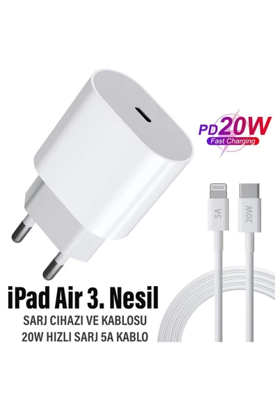 iPad Air 3. Nesil Uyumlu Hızlı Şarj Adaptörü 20W ve Şarj Kablosu 20W - HIZLI