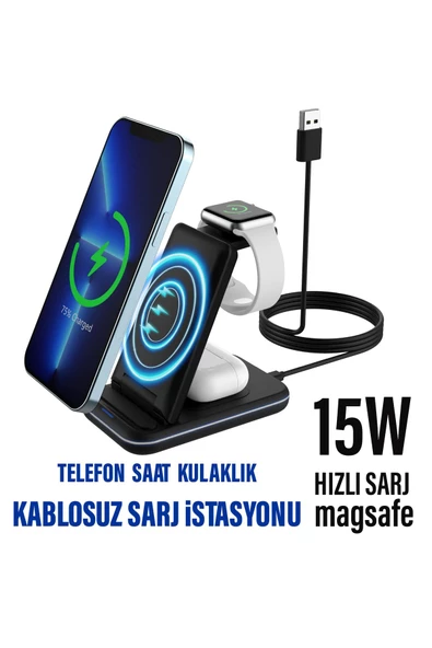 Magsafe Kablosuz Telefon Kulaklık Saat Şarj İstasyonu 15W HIZLI