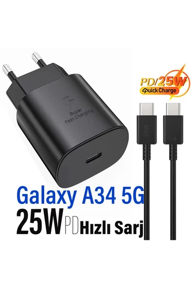 A34 Şarj Aleti Type-C 25W Hızlı Şarj Cihazı ve 5A KablosuA34 5G Şarj Cihazı