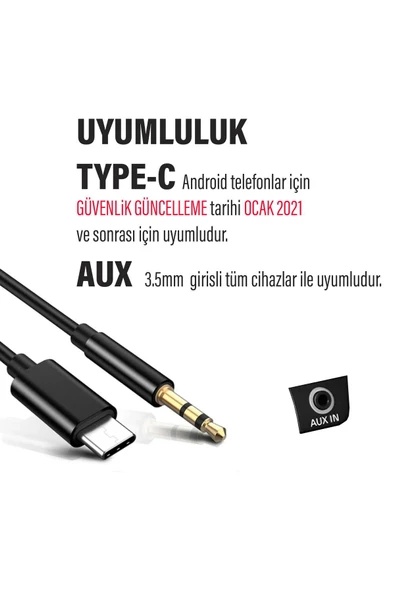 Samsung Xiaomi Uyumlu Aux Kablosu Type-C To Jack Çevirici Dönüştürücü Kablo - 4