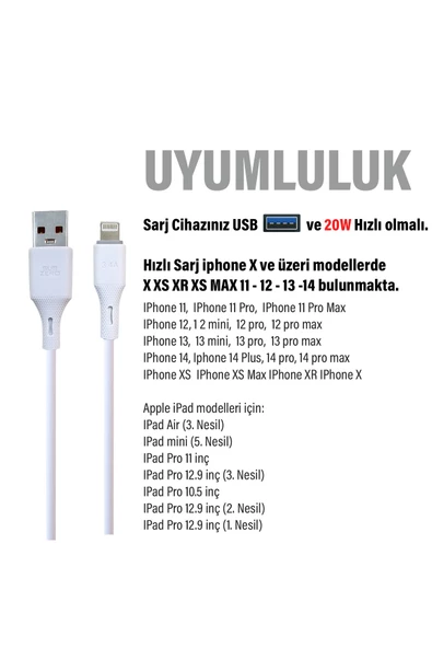 iPhone Uyumlu HIZLI Şarj Kablosu 20W 3.4A USB Apple iPhone Hızlı Şarj Kablosu - 2